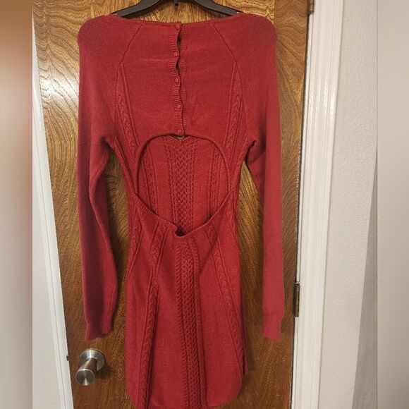 Free People Small World Cable Knit Cranberry Red Mini Sweater Dress Size Lg - Picture 5 of 7